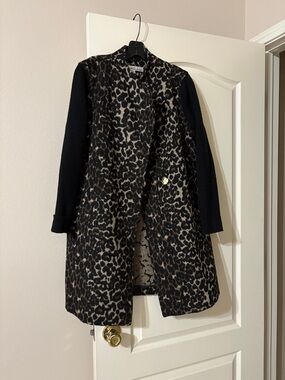 Leopard Print Coat with Black Sleeves - Women's Jacket